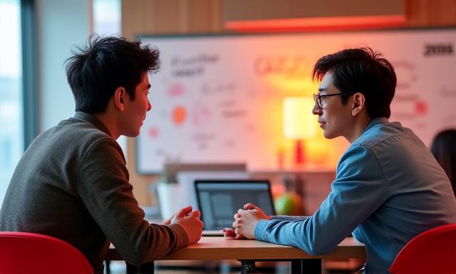 モダンな共同作業スペースでスタートアップの起業家がメンターの指導を受けている様子